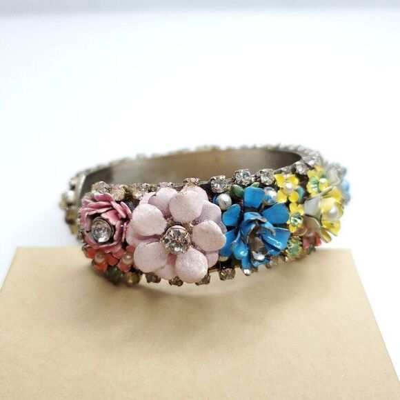 3D Floral Bangle Cuff Bracelet Rhinestones Cottagecore Flower Blue Pink Yellow - Picture 12 of 13